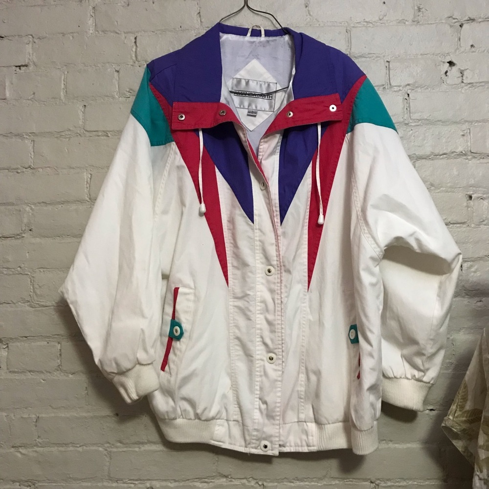 Amanda Smith White Bomber Jacket with Purple, Teal & Red Accents